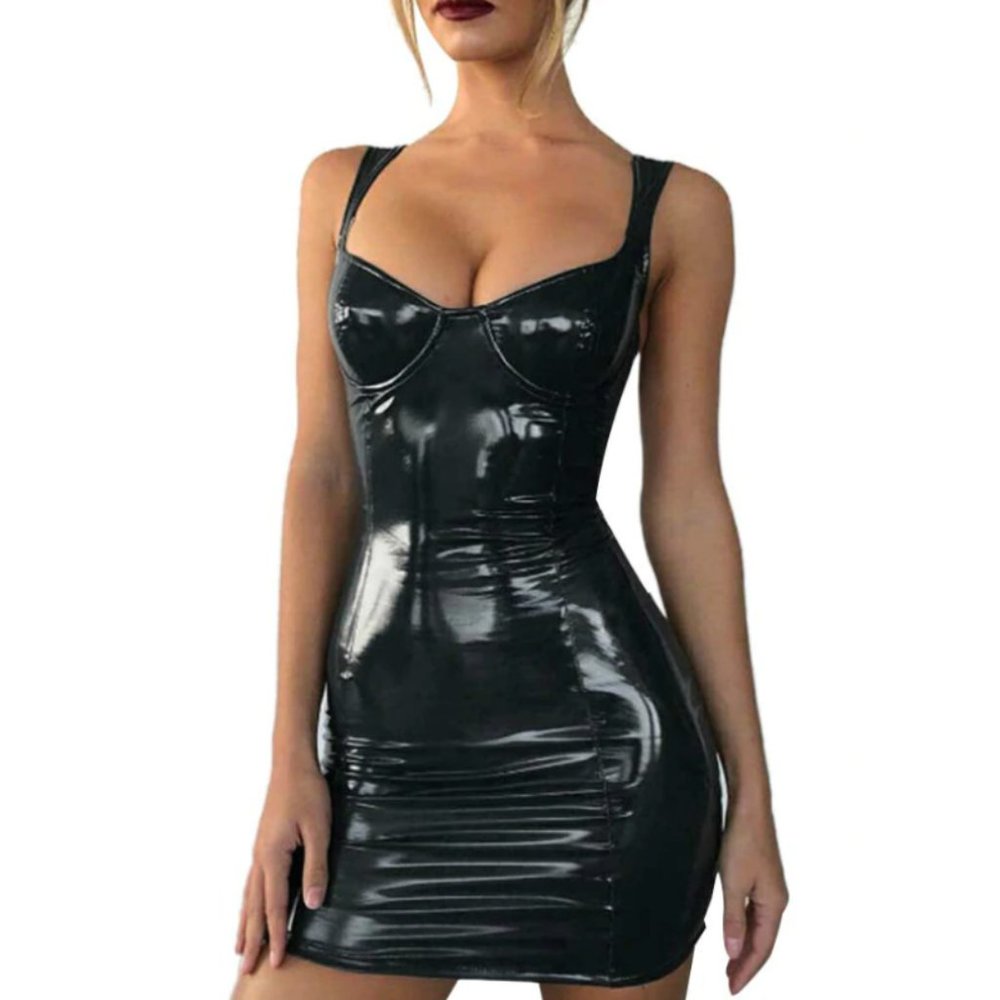 Sleek Black Patent Mini Dress – Form-Fitting Women's Dress